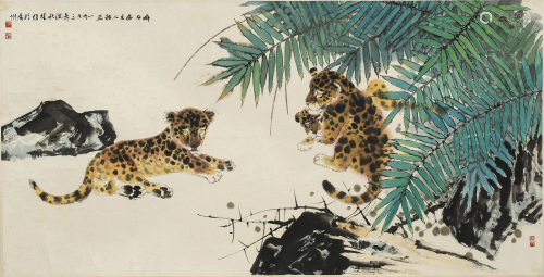 A SCROLL PAINTING OF TWO LEOPARDS BY FANG CHU XIONG