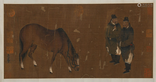 A SCROLL PAINTING OF TWO MEN AND A HORSE BY ZHAO ZI ANG