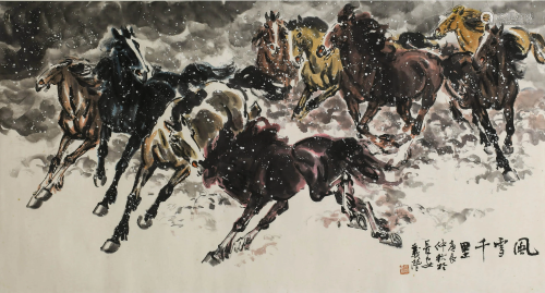 A SCROLL PAINTING OF HORSES BY ZHANG YI QIAN