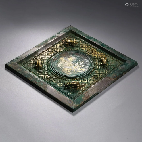 A BRONZE GOLD INLAID SQUARE MIRROR 