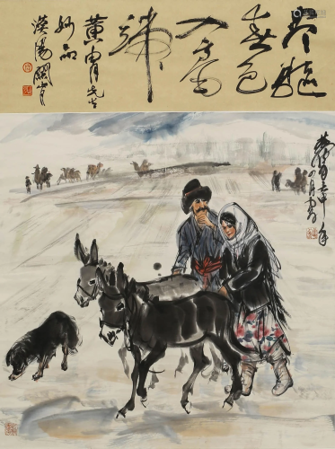 A SCROLL PAINTING OF DONKEYS AND A MAN BY HUANG …