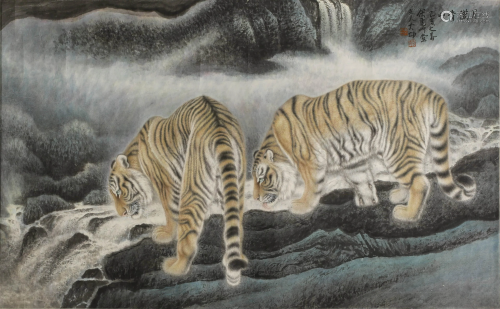 A SCROLL PAINTING OF TIGERS BY FENG DA ZHONG