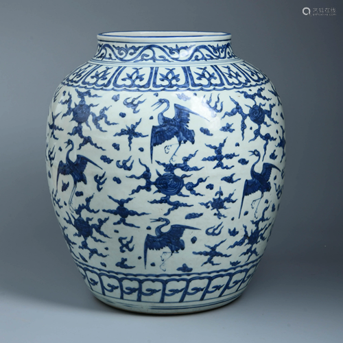 A BLUE AND WHITE CRANE JAR