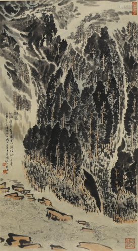 A SCROLL PAINTING OF MOUNTAINS BY LU YAN SHAO