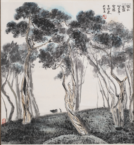 A SCROLL PAINTING OF TREES BY ZHANG REN ZHI