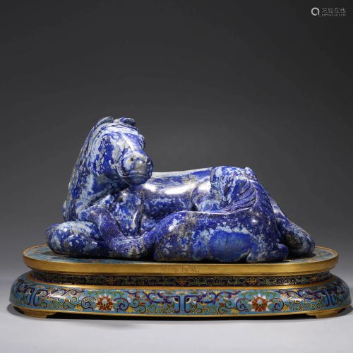 A LAPIS HORSE WITH A CLOISONNE ENAMEL STAND