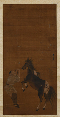 A SCROLL PAINTING OF A MAN AND A HORSE BY ZHAO ZI ANG