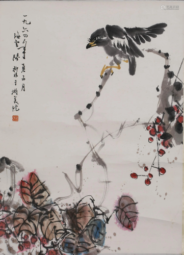 A SCROLL PAINTING OF FLOWERS AND BIRDS BY LU YI FEI