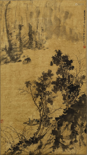 A SCROLL PAINTING OF A FISHERMAN IN THE FOREST BY FU