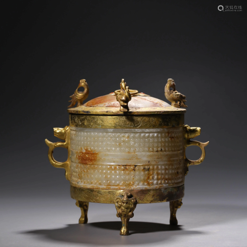 A TRIPOT GILT-BRONZE AND JADE STORAGE VESSEL WITH COVER