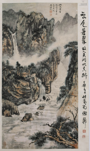 A SCROLL PAINTING OF MOUNTAINS AND RIVERS BY WU H…