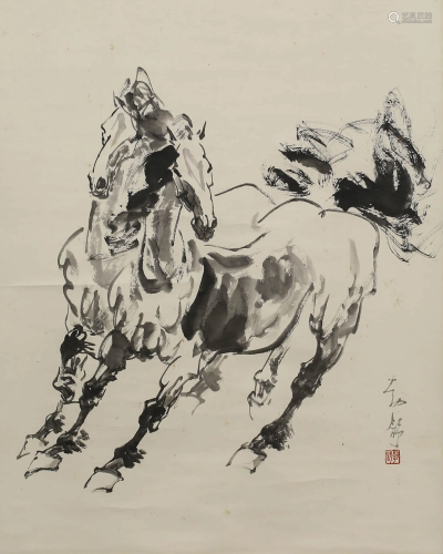 A SCROLL PAINTING OF HORSES BY LIU BO SHU