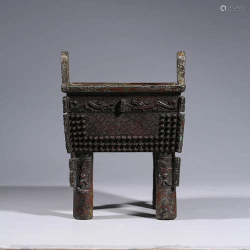 AN ARCHIASTIC BRONZE SQUARE INCENSE BURNER