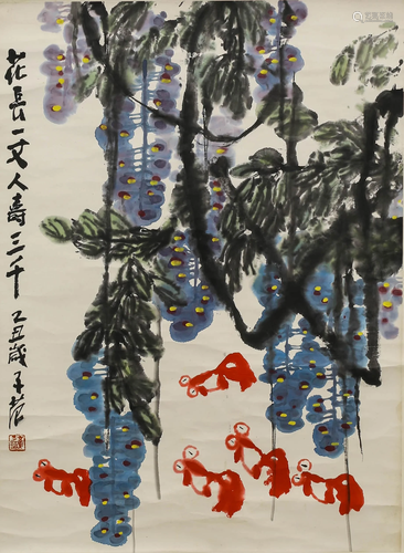 A SCROLL PAINTING OF FLOWERS AND TREES BY CUI ZI FAN