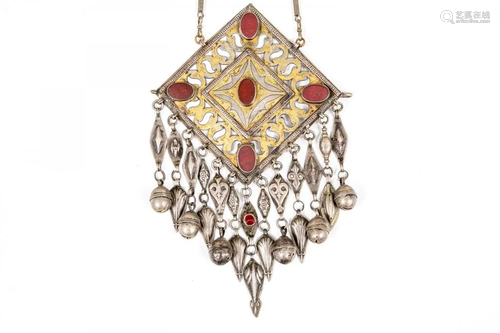 TURKOMAN SILVER ALLOY AND GILT PECTORAL NECKLACE