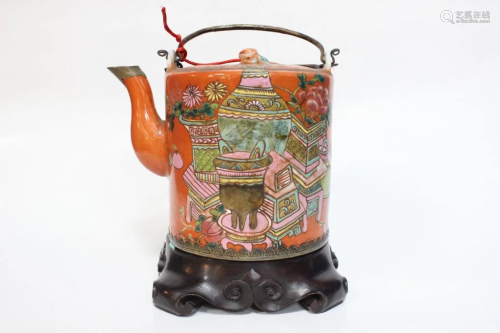 Chinese Glazed Porcelain Teapot w Calligraphy,Mark