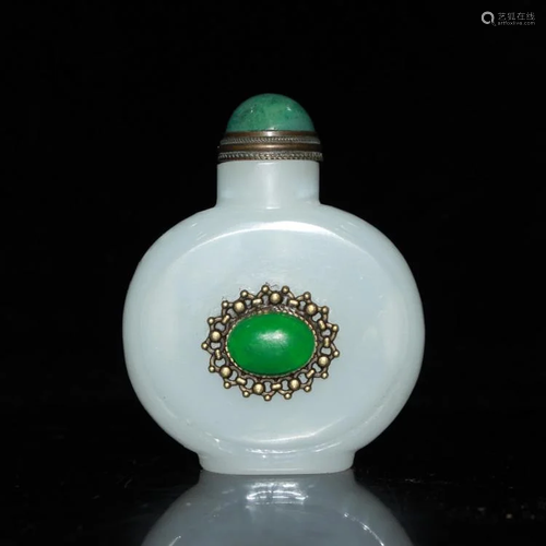 Chinese Liuli Snuff Bottle w Green Stone