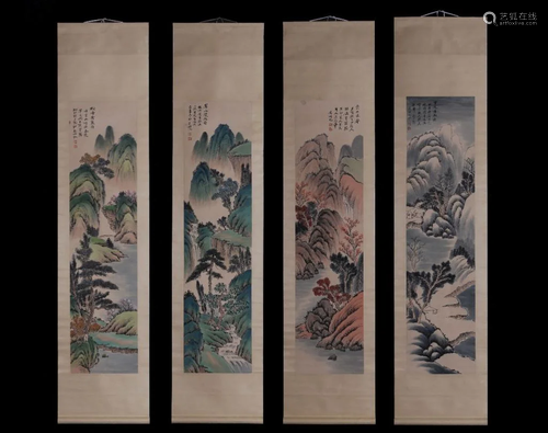 Set Chinese Ink Color Landscape Scroll Painting,Si