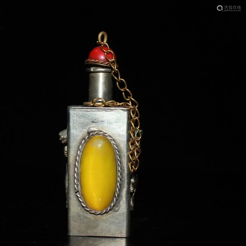 Chinese Silver Snuff Bottle w Cat Eye Stone