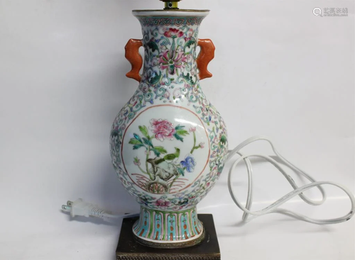 Chinese Famille Rose Porcelain Vase Made into Lamp