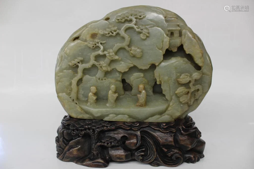 Chinese Jade Carved Mountant w Wood Base