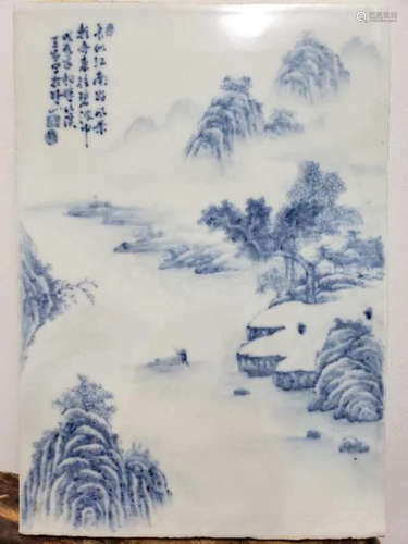 Chinese Blue and White Porcelain Plaque w Calligra