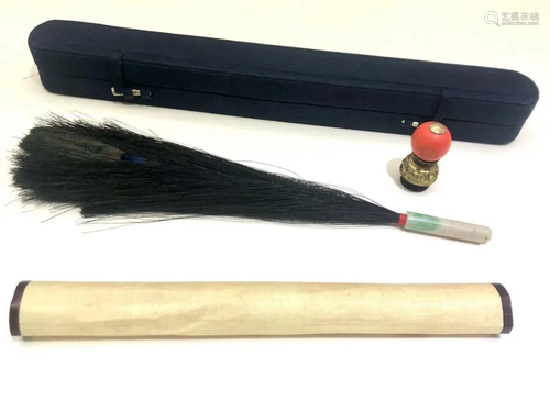 Chinese Court Cap Peacock Feather Jade Tube Box