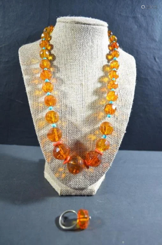 Chinese Antique Diamond Cut Amber Necklace