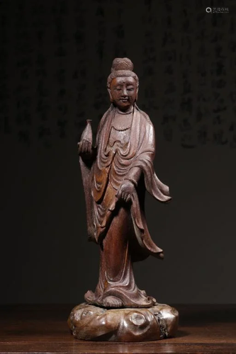 Chinese Chengxiang Wood Carved Standing Guanyin