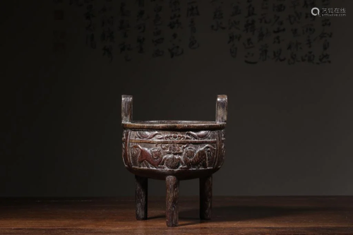 Chinese Chengxiang Wood Tripod Censer w Handle