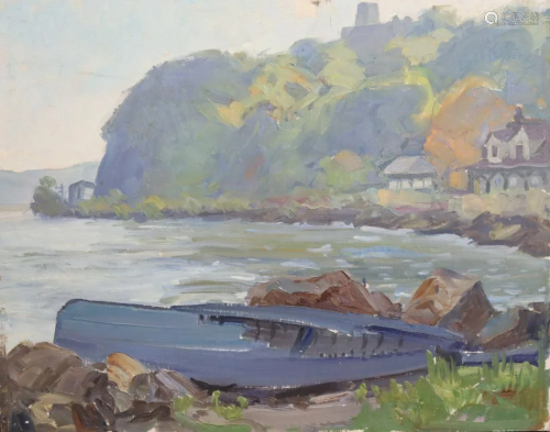 W.A.Drake. Signed Oil On Board Boat At shore