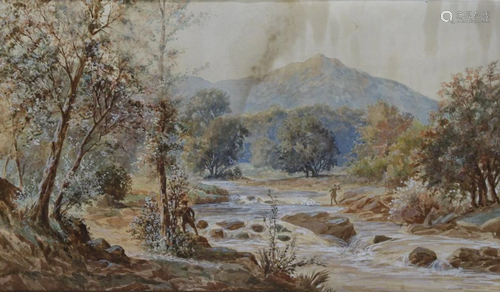 W.Drake 1903 Signed Watercolor Fly Fisherman