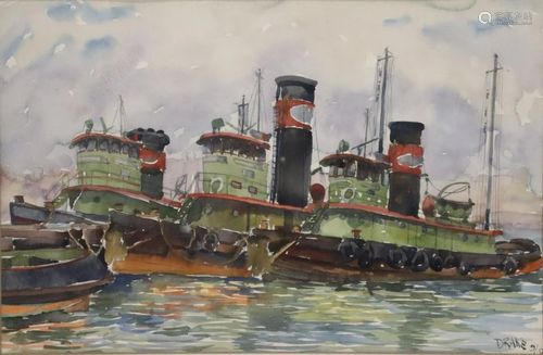 William L Drake signed Watercolor Steamships .