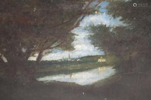 UNSIGNED. Oil On Canvas Barbizon Style Scene.