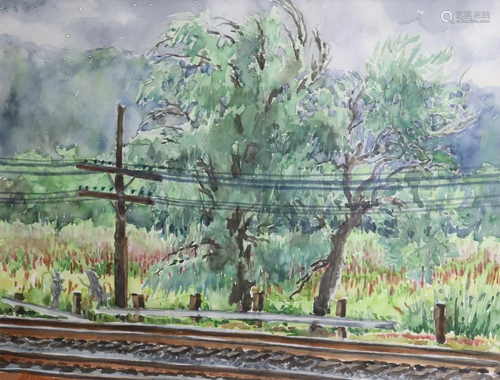 Drake.Signed Watercolor Railway Line In