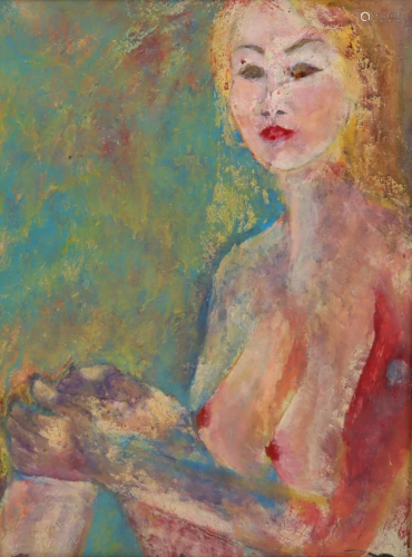 UNSIGNED .Oil on Canvas Topless Beauty.