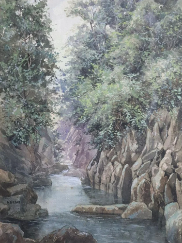 W.Drake.Signed Watercolor River Scene .