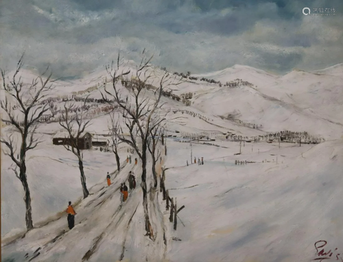 Giorgio Pagi. Signed Oil On Masonite snow Scene.