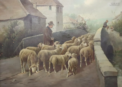 J.Borien? Signed Oil On Canvas Sheep On Bridge