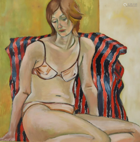 UNSIGNED. Oil On Board Woman In Bikini