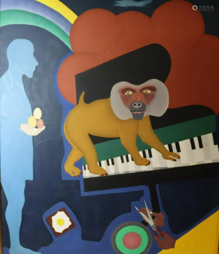 UNSIGNED. Oil On Canvas Monkey On Piano.