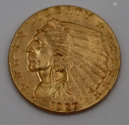 GOLD. 1927 US $2 1/2 Indian Head Gold Coin.