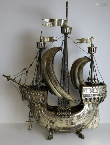 SILVERPLATE. Monumental Galleon Ship Model.