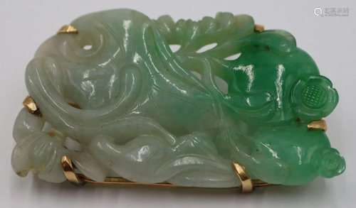 JEWELRY. 14kt Gold Mounted and Carved Jade Brooch.