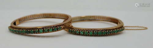 JEWELRY. Pair of 14kt Gold and Emerald Bracelets.