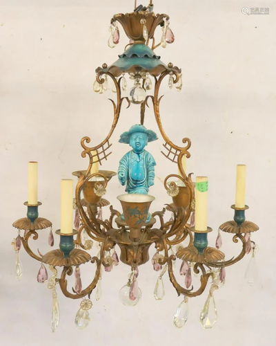 Gilt Metal Enameled Chandelier With Porcelain