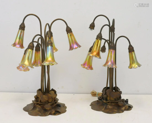 A Pair Of Tiffany Studios 7 Light Lily Lamps. #385