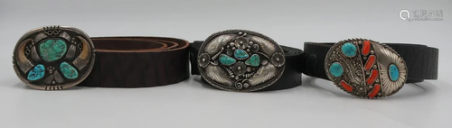 STERLING. (3) Signed Turquoise Inlaid Belt Buckles