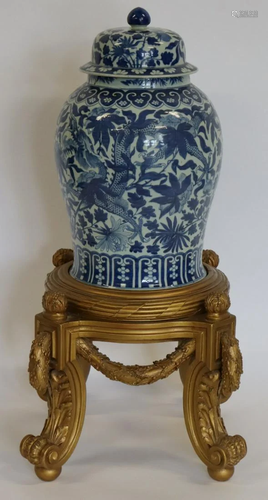 Substantial Blue & White Ginger Jar on Gilt Stand