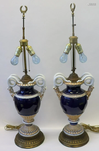 Pair Of Meissen Cobalt And White Porcelain Urns